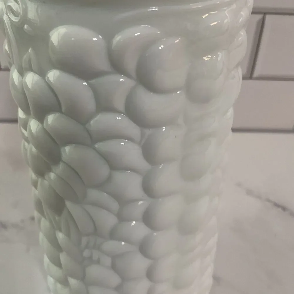 Vintage Milk Glass Grapes & Vines VASE 7.5” Tall 3.75” Round